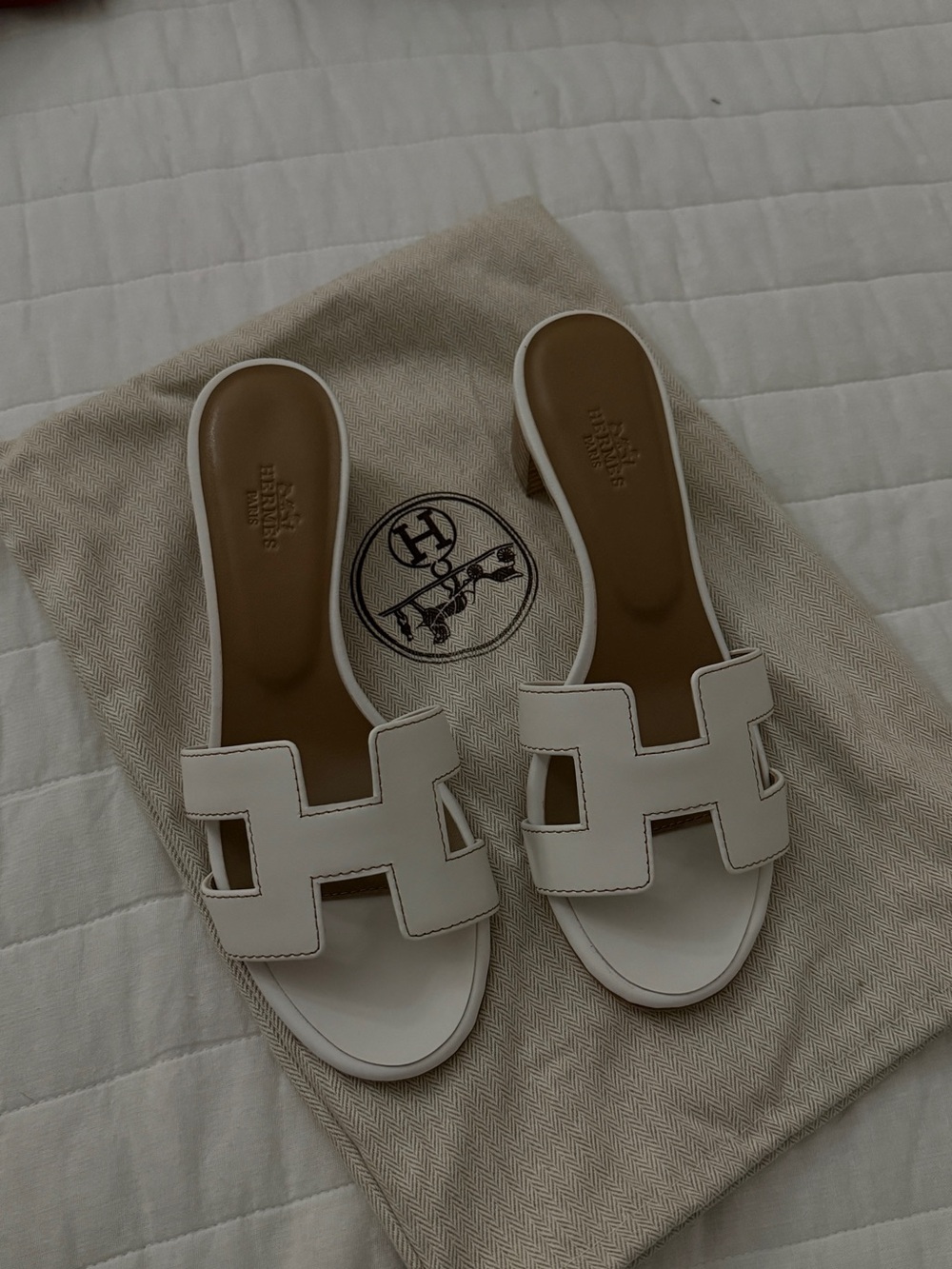 Hermes White Oran H Slide Sandals